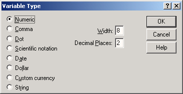 Диалоговое окно Define Variable Type для численной переменной
