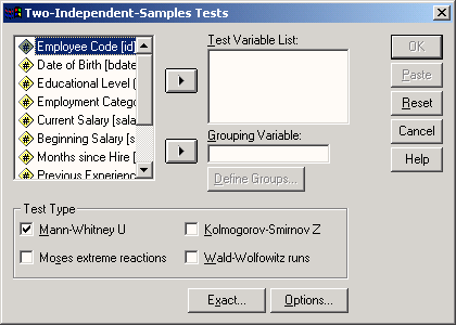 Диалоговое окно Two Independent Samples Tests (Тесты для двух независимых выборок)