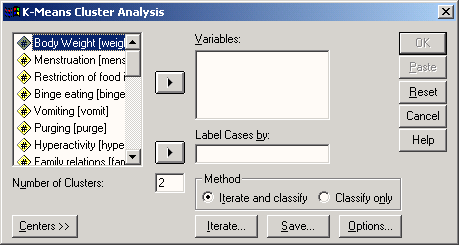 Диалоговое окно K-Means Cluster Analysis (Анализ кластерных центров)