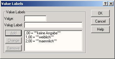 Заполненное диалоговое окно Define Value Labels (Определение меток значений)