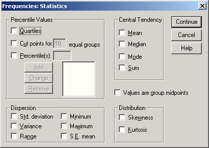 Диалоговое окно frequencies: Statistics Диалоговое окно frequencies: Statistics