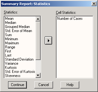 Диалоговое окно Summary Report: Statistics