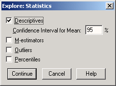 Диалоговое окно Explore: Statistics