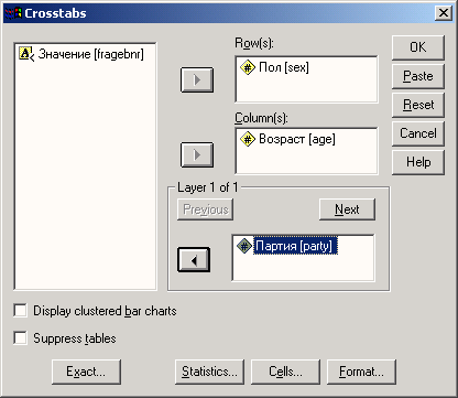 Заполненное диалоговое окно Crosstabs