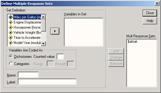 Диалоговое окно Define Multiple Response Sets