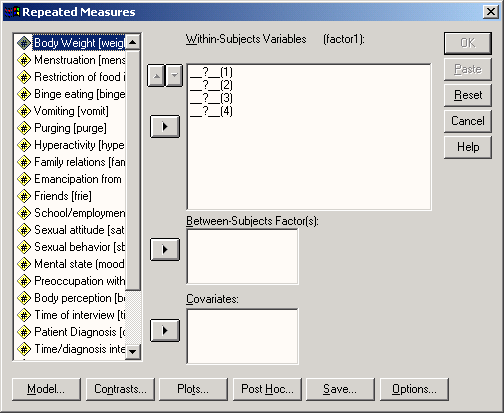 Диалоговое окно Repeated Measures