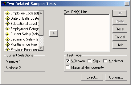 Диалоговое окно Two-Related-Samples Tests (Тесты для двух связанных выборок)
