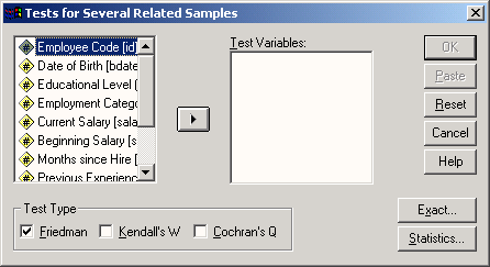 Диалоговое окно Tests for Several Related Samples (Тесты для нескольких связанных выборок)