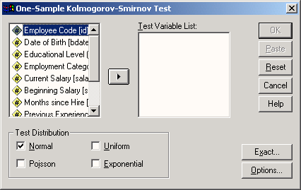 Диалоговое окно One Sample Kolomgorov-Smirnov Test (Тест Колмогорова-Смирнова для одной выборки)