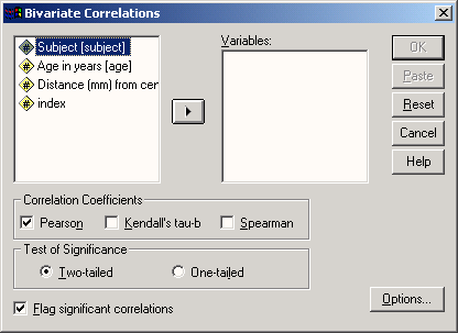 Диалоговое окноBivariate Correlations (Двумерные корреляции)