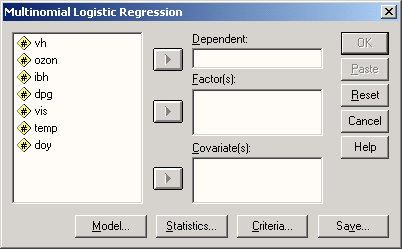 Диалоговое окно Multinomial Logistic Regression (Множественная логистическая регрессия)
