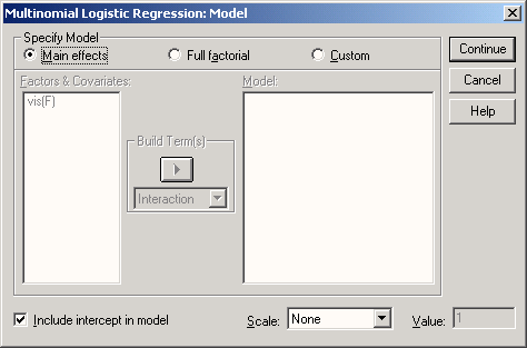 Диалоговое окно Multinomial Logistic Regression: Model (Множественная логистическая регрессия: Модель)