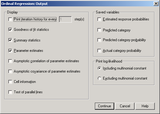 Диалоговое окно Ordinal Regression: Output (Порядковая регрессия: Вывод)