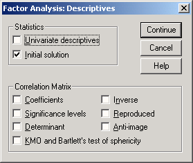 Диалоговое окно Factor Analysis: Descriptives (Факторный анализ: Дескриптивные статистики)