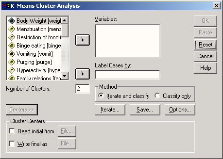 Диалоговое окно K-Means Cluster Analysis (Анализ кластерных центров)